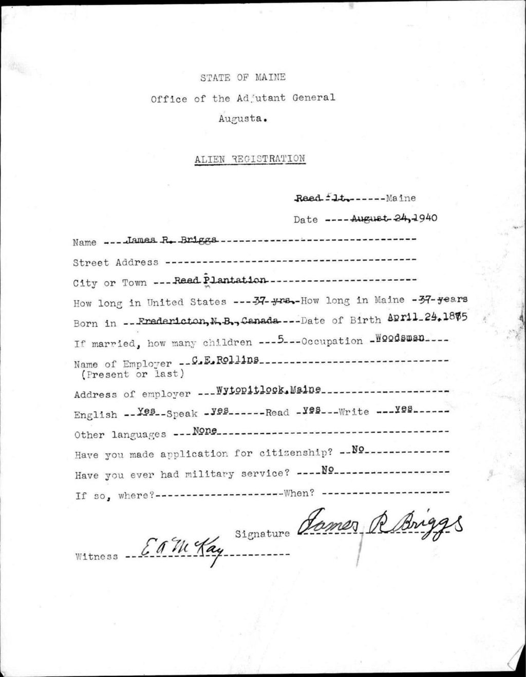 Miniature of Alien Registration- Briggs, James R. (Reed Plantation, Aroostook County)