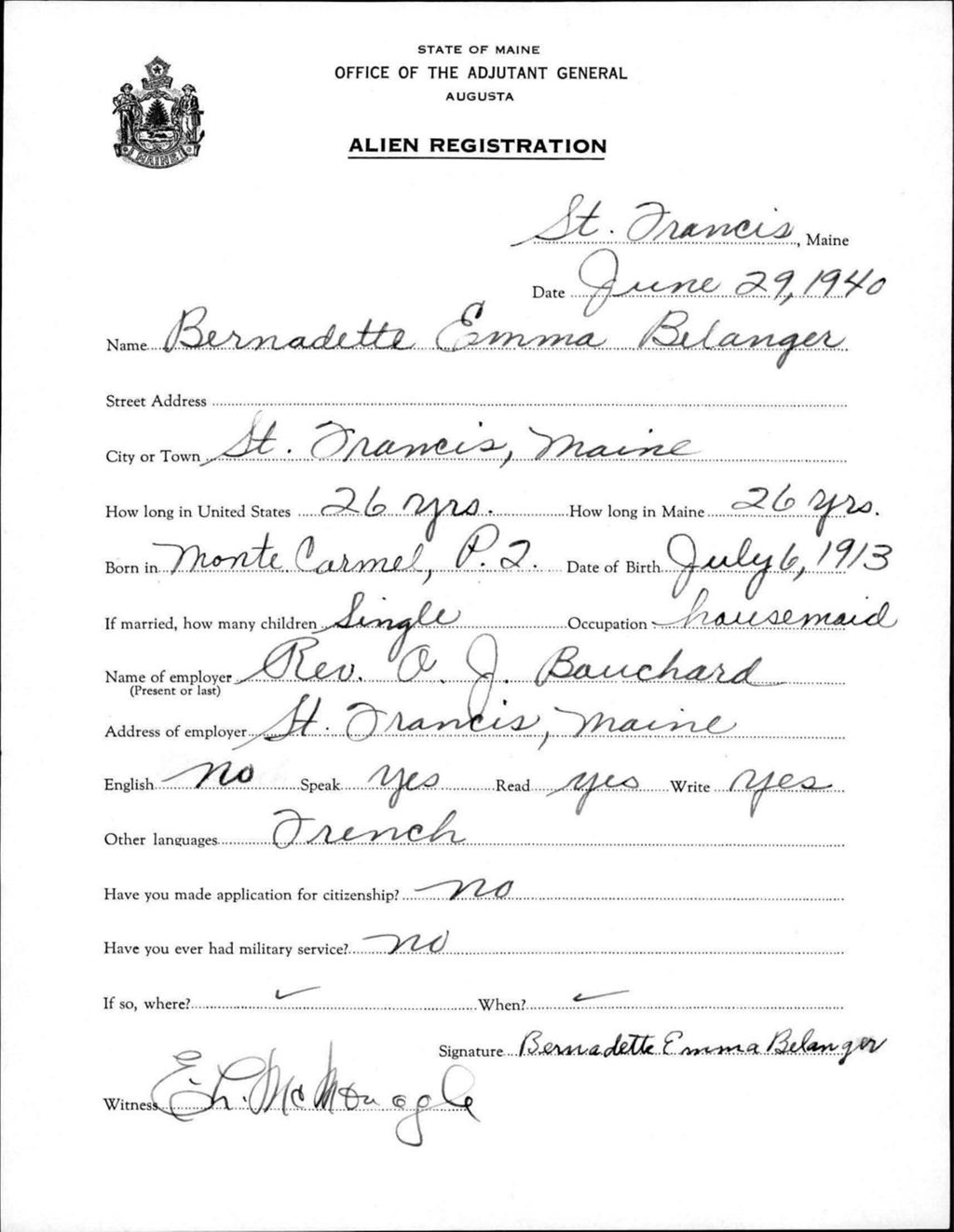 Miniature of Alien Registration- Belanger, Bernadette E. (Saint Francis, Aroostook County)