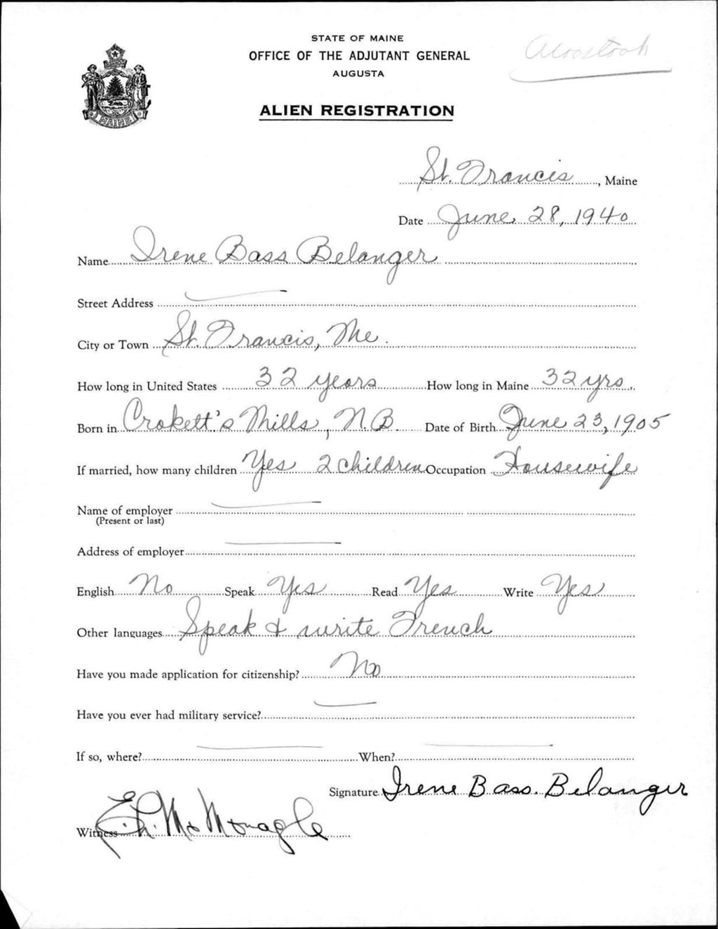 Miniature of Alien Registration- Bass, Irene (Saint Francis, Aroostook County)