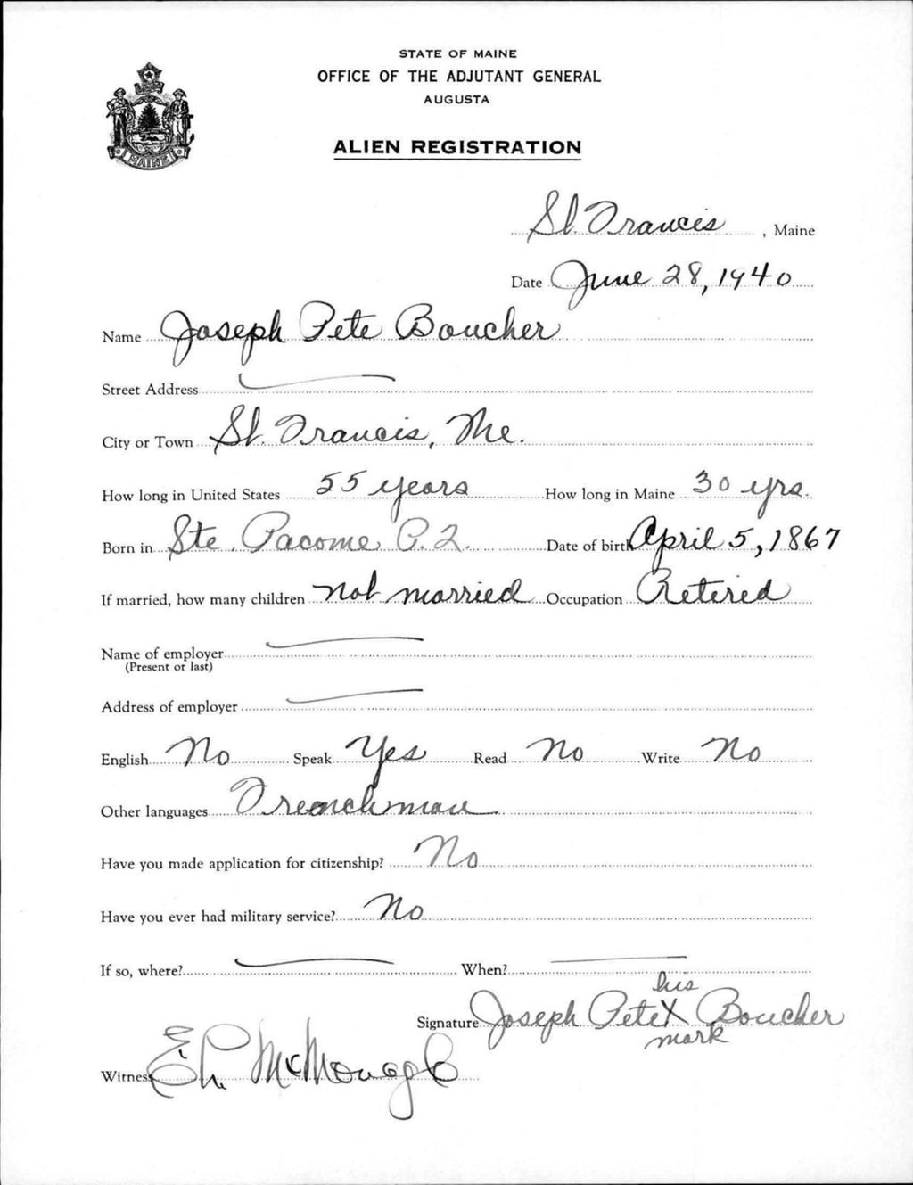Miniature of Alien Registration- Boucher, Joseph P. (Saint Francis, Aroostook County)