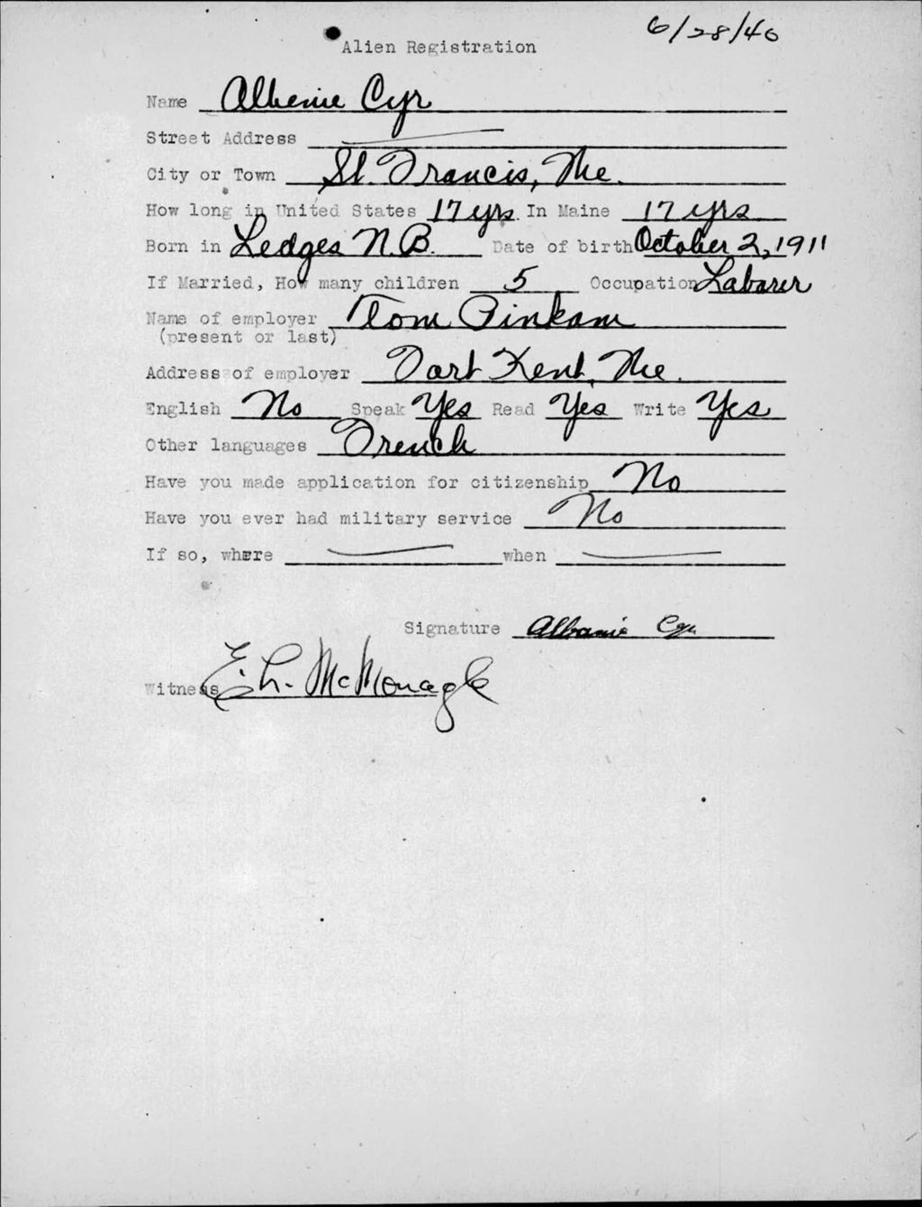 Miniature of Alien Registration- Cyr, Albanie (Saint Francis, Aroostook County)