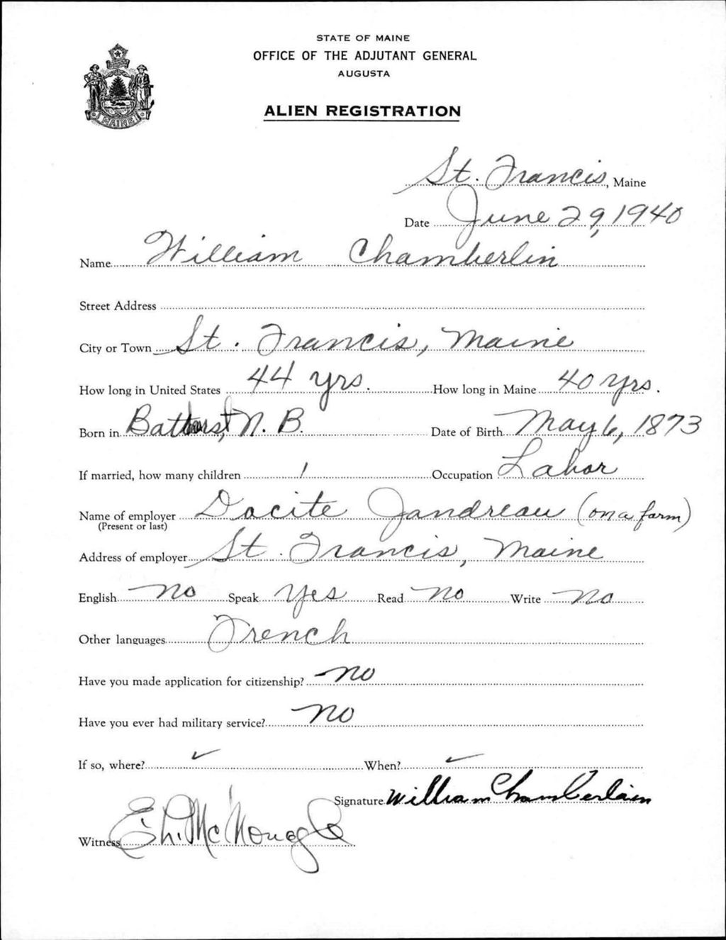 Miniature of Alien Registration- Chamberlin, William (Saint Francis, Aroostook County)