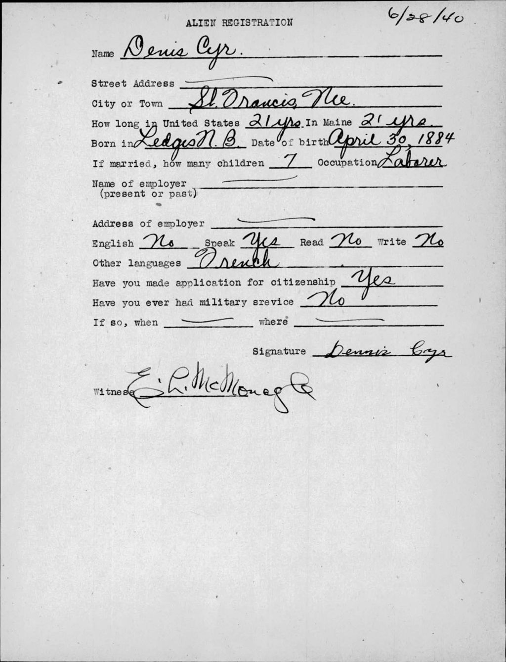 Miniature of Alien Registration- Cyr, Denis (Saint Francis, Aroostook County)