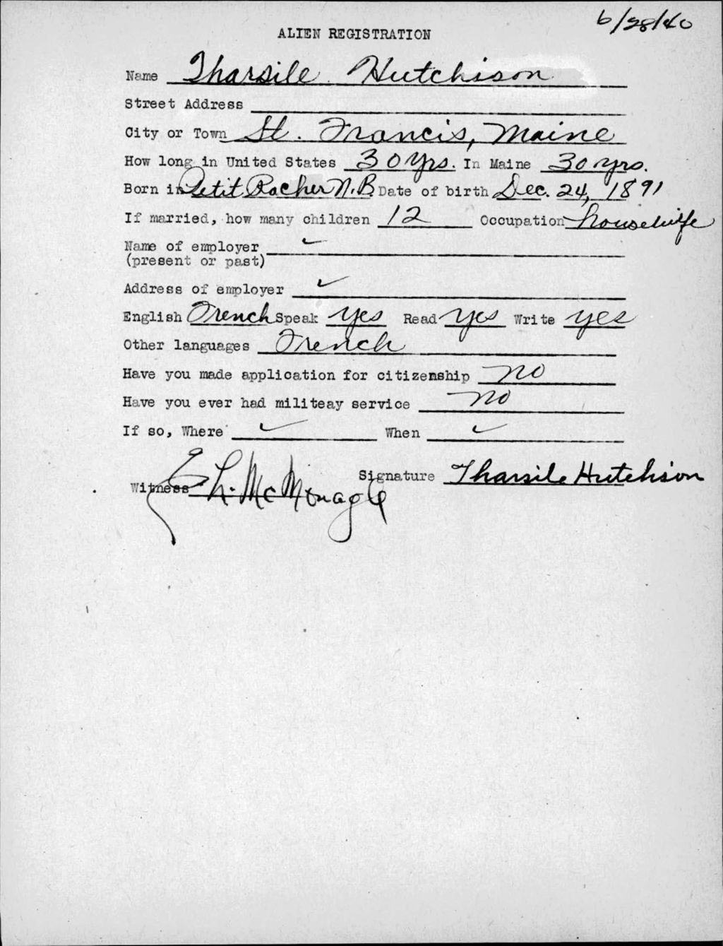 Miniature of Alien Registration- Hutchison, Tharsile (Saint Francis, Aroostook County)