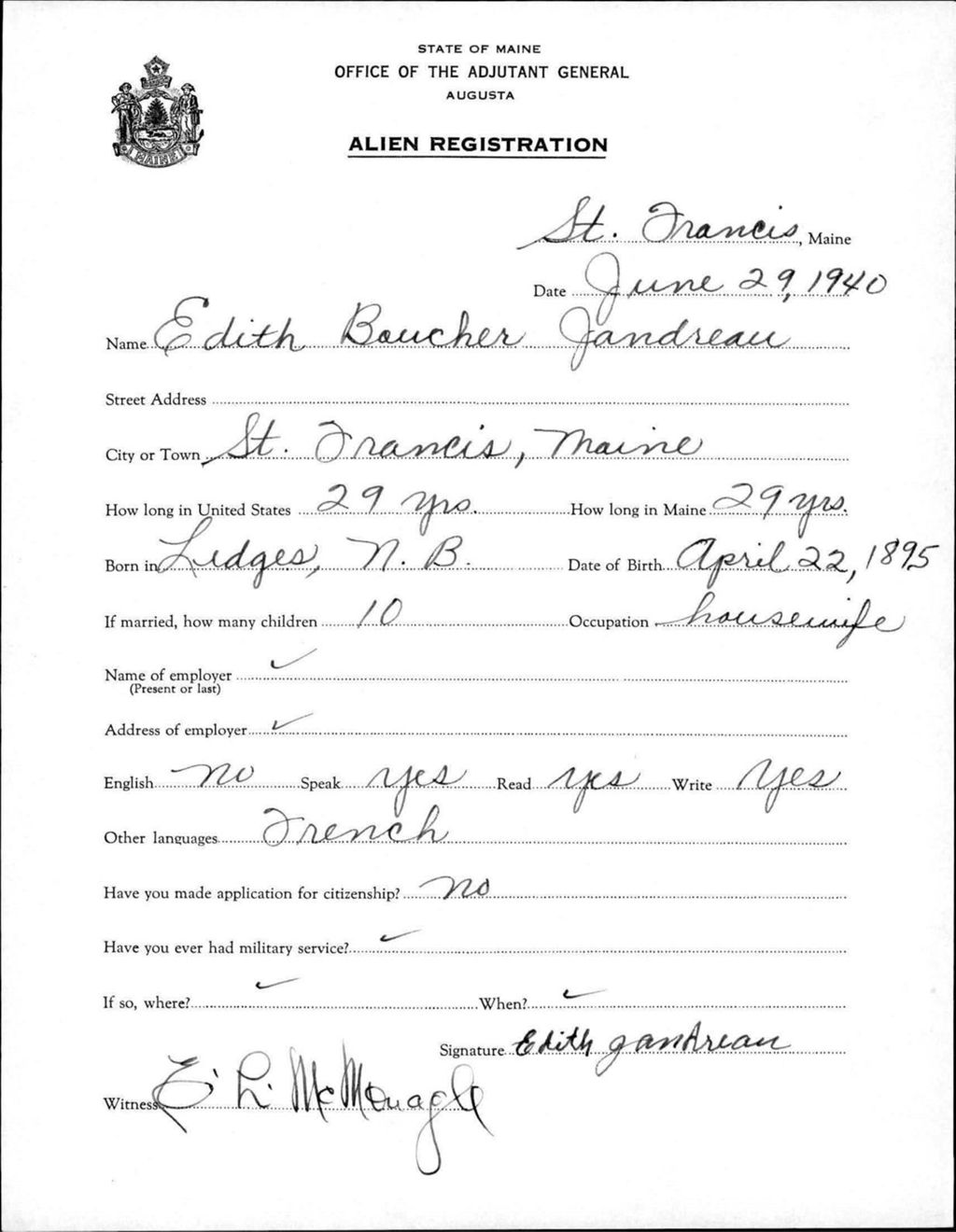 Miniature of Alien Registration- Boucher, Edith (Saint Francis, Aroostook County)