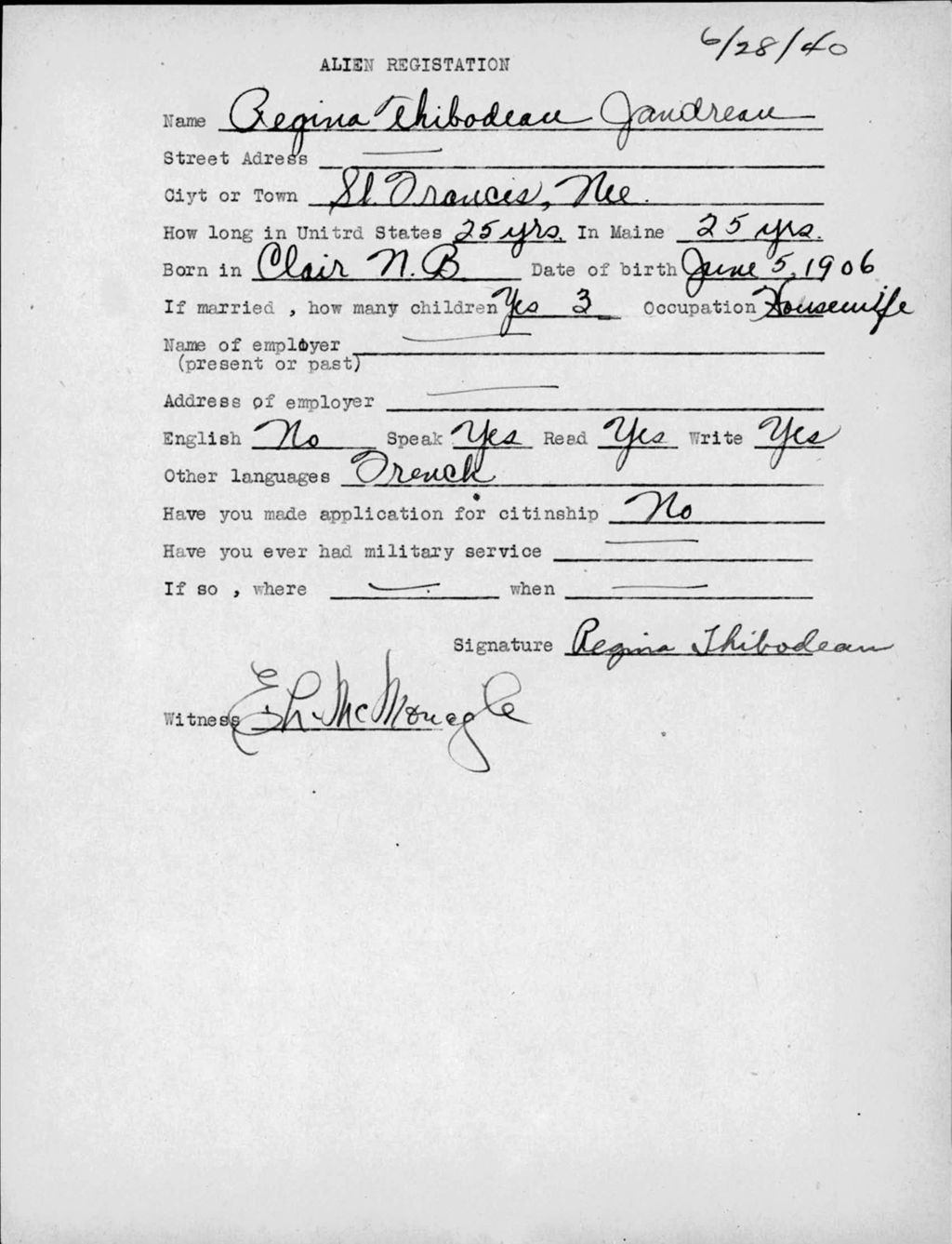Miniature of Alien Registration- Thibodeau, Regina (Saint Francis, Aroostook County)