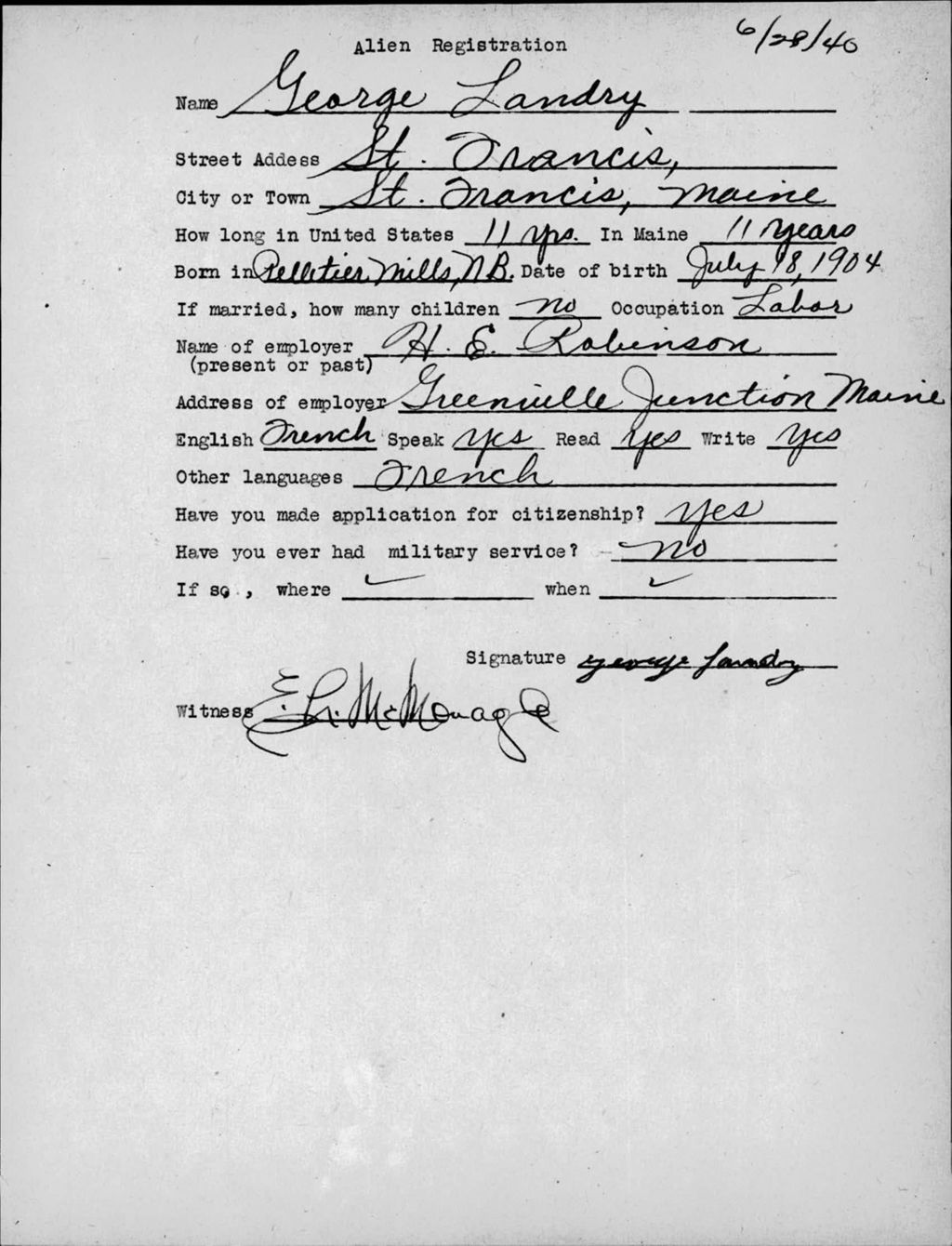 Miniature of Alien Registration- Landry, George (Saint Francis, Aroostook County)