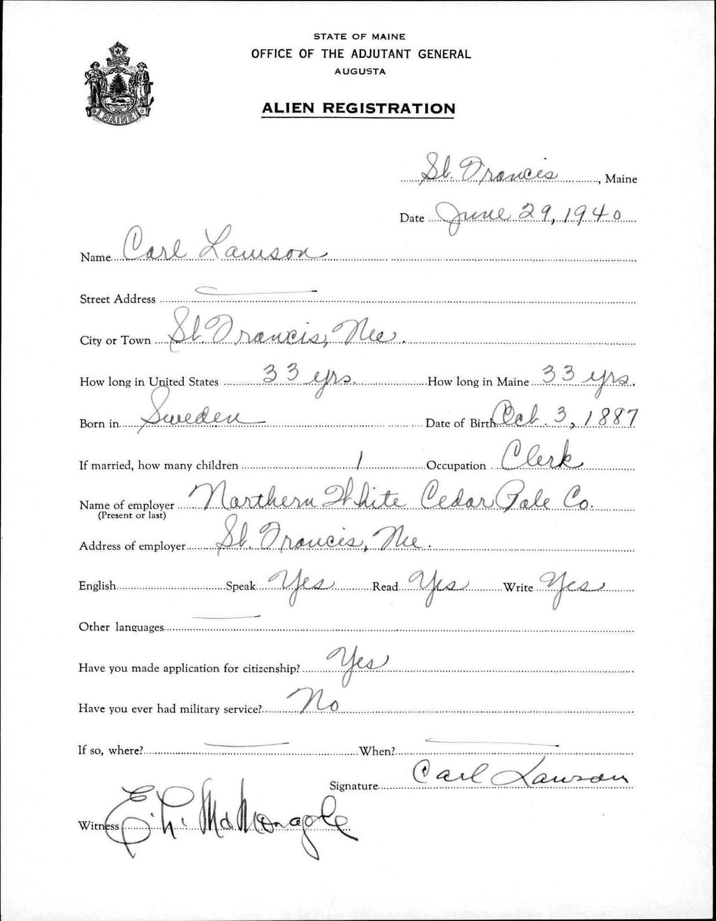 Miniature of Alien Registration- Lawson, Carl (Saint Francis, Aroostook County)