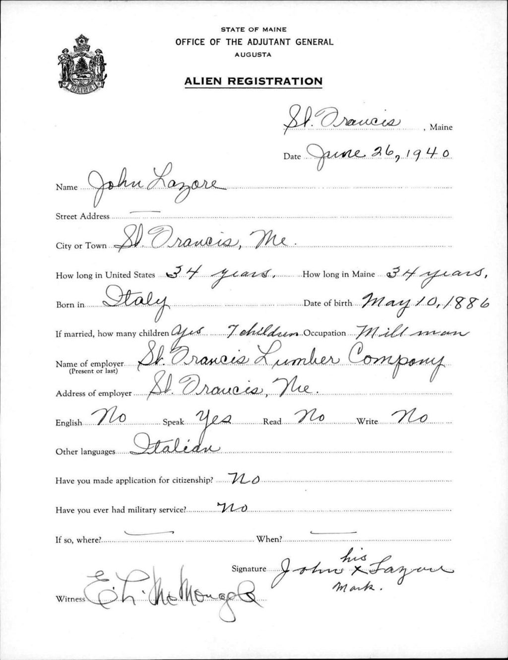 Miniature of Alien Registration- Lazore, John (Saint Francis, Aroostook County)