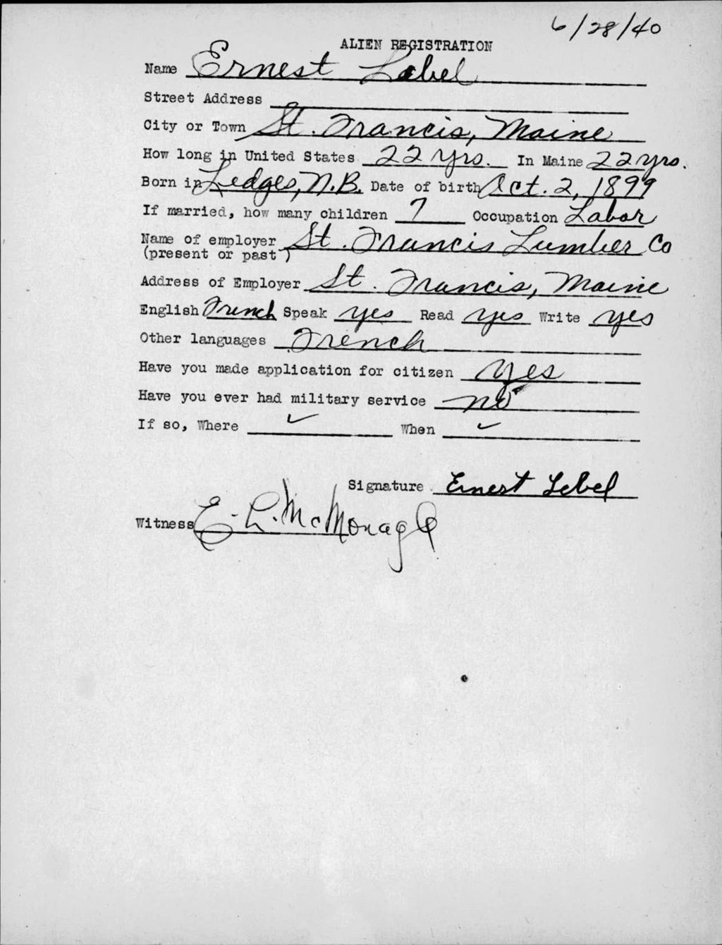 Miniature of Alien Registration- Lebel, Ernest (Saint Francis, Aroostook County)