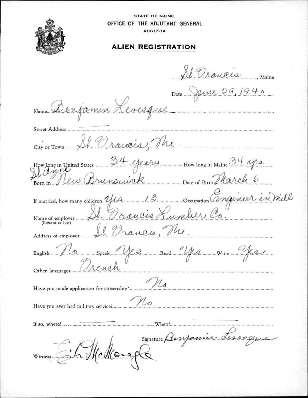 Miniature of Alien Registration- Levesque, Benjamin (Saint Francis, Aroostook County)