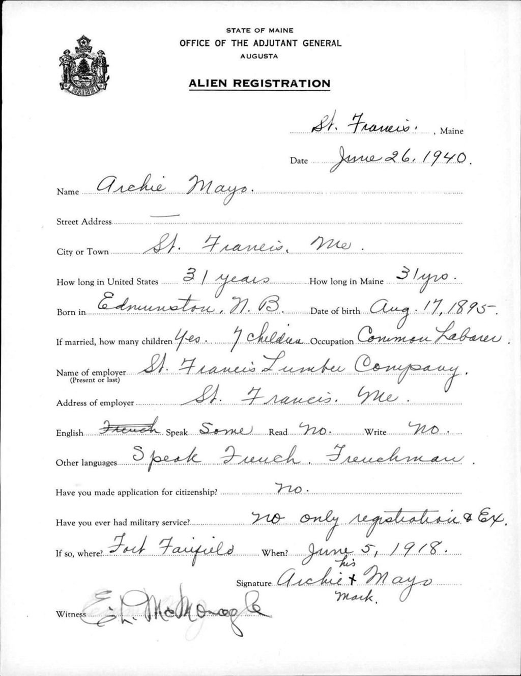 Miniature of Alien Registration- Mayo, Archie (Saint Francis, Aroostook County)