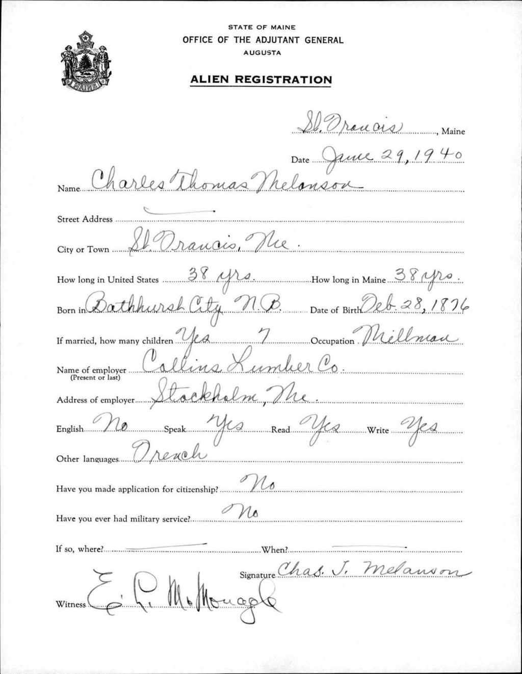 Miniature of Alien Registration- Melanson, Charles T. (Saint Francis, Aroostook County)