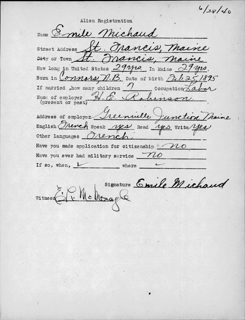 Miniature of Alien Registration- Michaud, Emile (Saint Francis, Aroostook County)