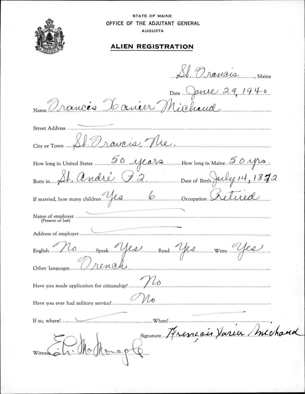 Miniature of Alien Registration- Michaud, Francis X. (Saint Francis, Aroostook County)