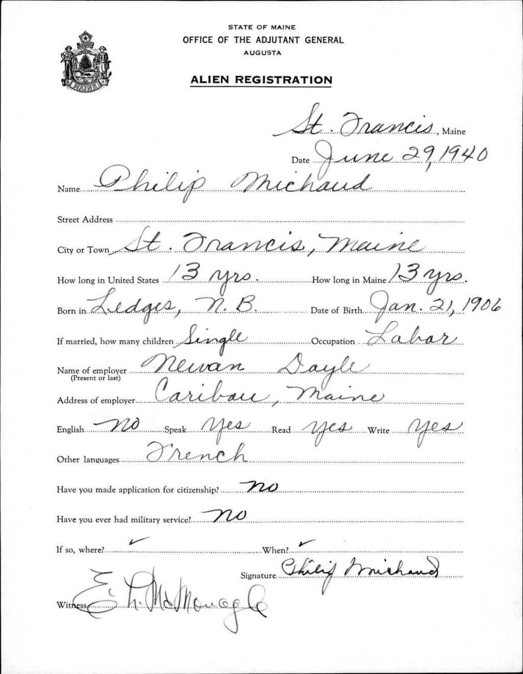 Miniature of Alien Registration- Michaud, Philip (Saint Francis, Aroostook County)
