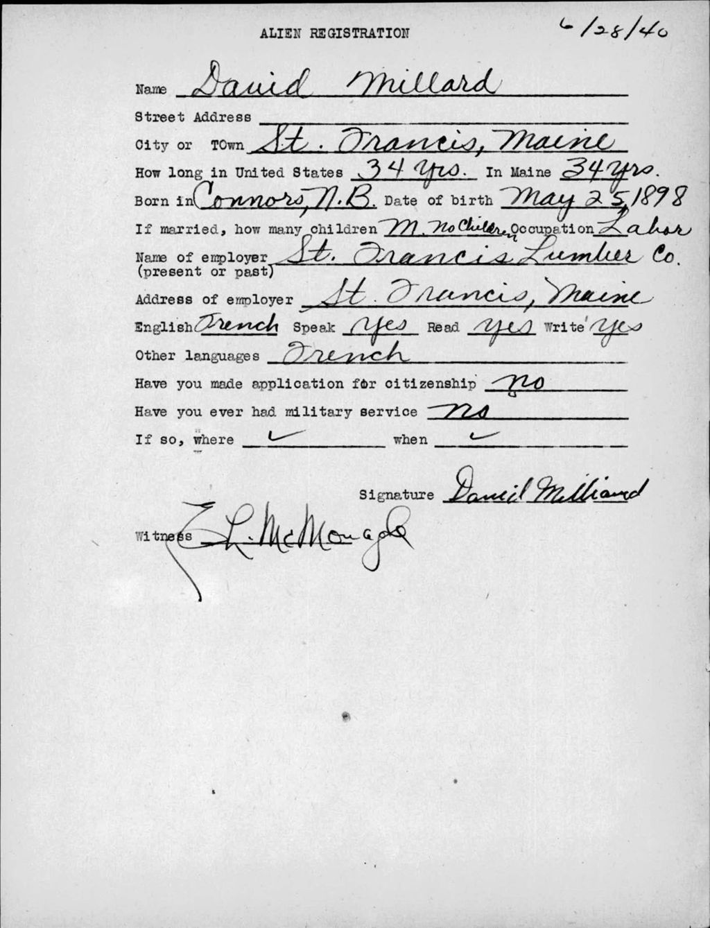 Miniature of Alien Registration- Millard, David (Saint Francis, Aroostook County)