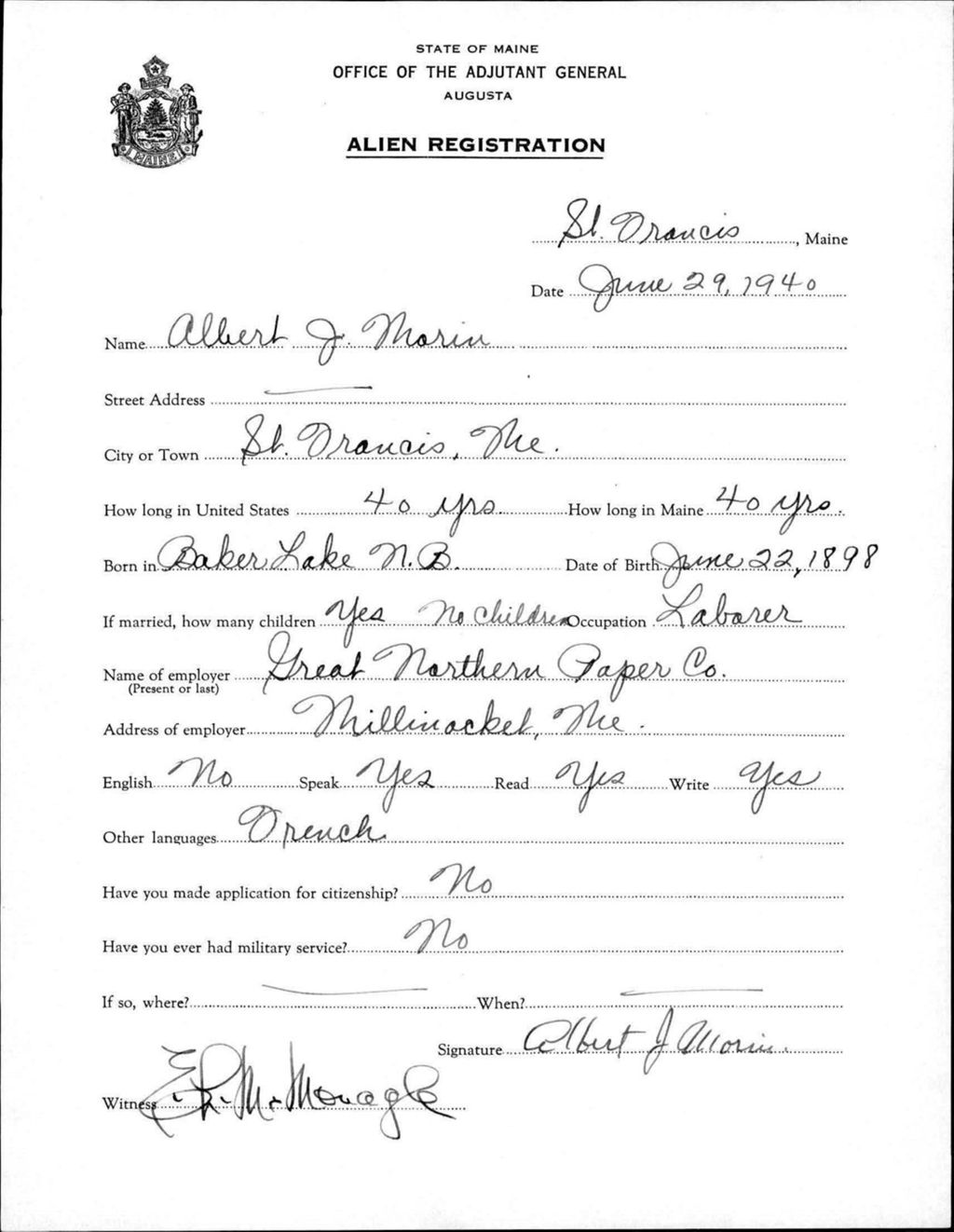 Miniature of Alien Registration- Maria, Albert J. (Saint Francis, Aroostook County)