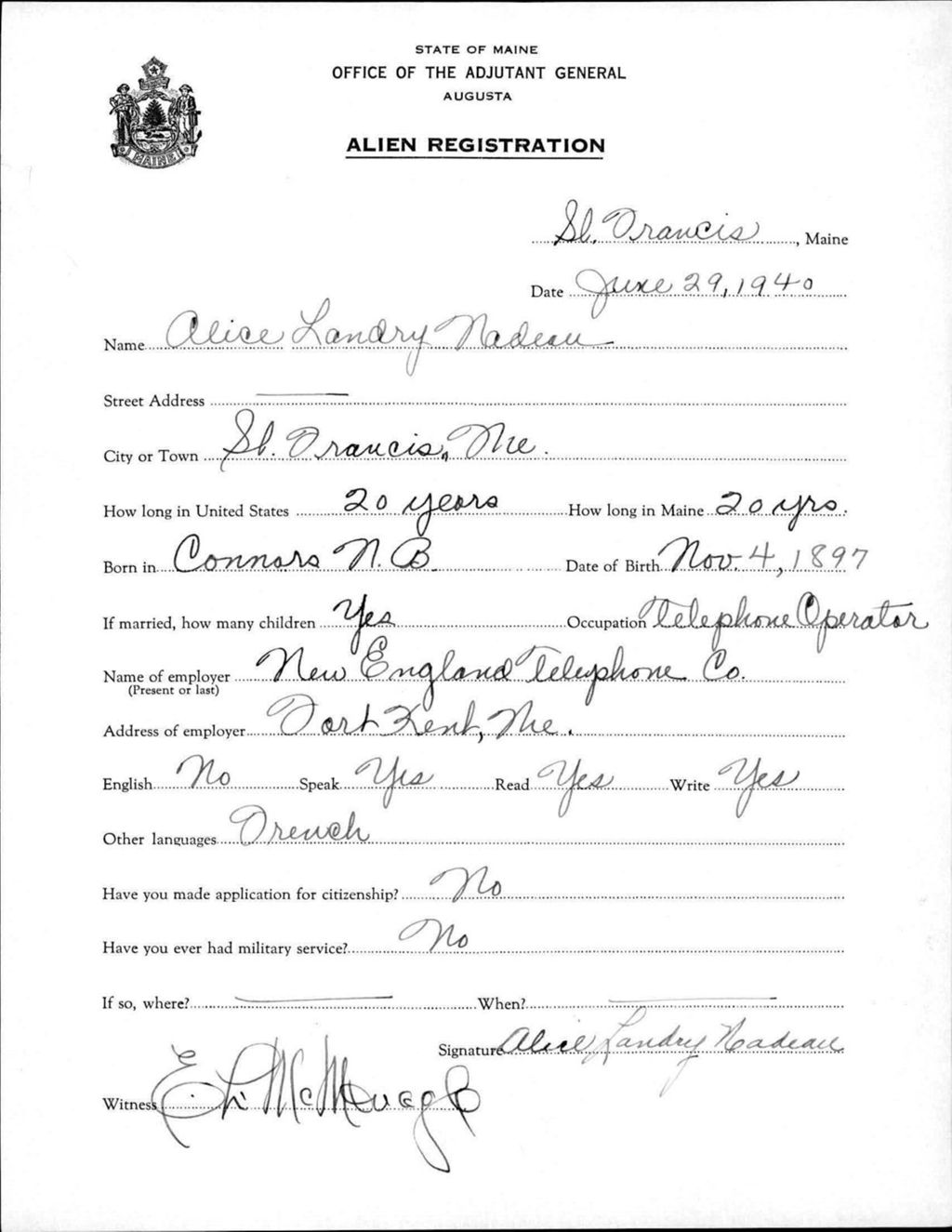 Miniature of Alien Registration- Landry, Alice (Saint Francis, Aroostook County)