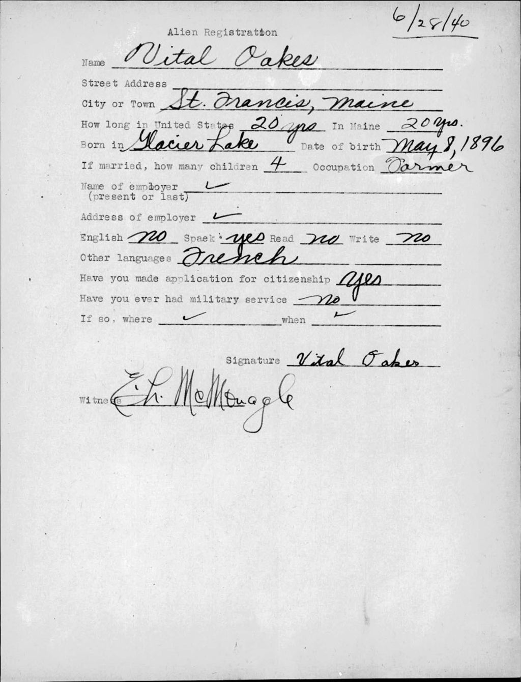 Miniature of Alien Registration- Oakes, Vital (Saint Francis, Aroostook County)