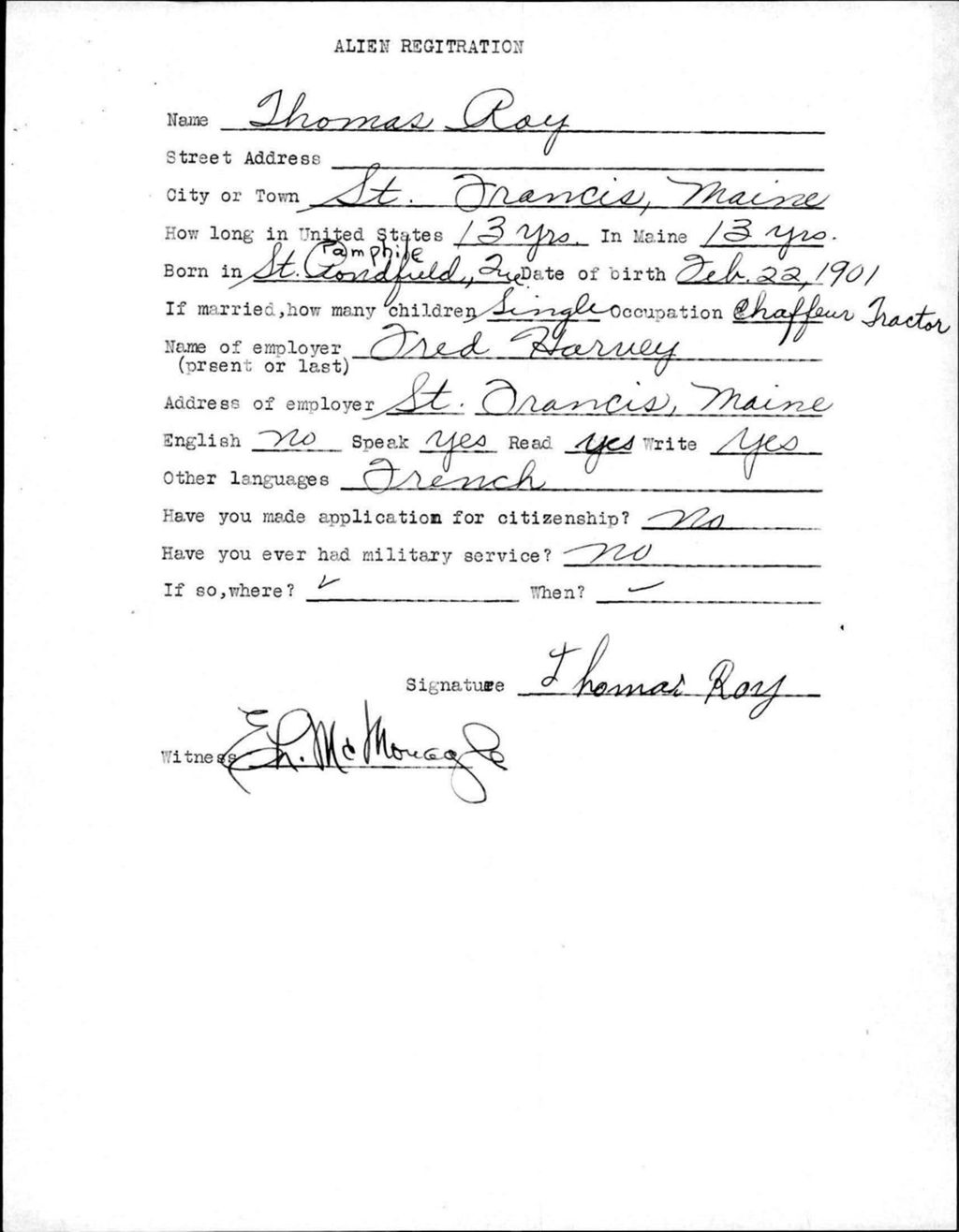 Miniature of Alien Registration- Roy, Thomas (Saint Francis, Aroostook County)