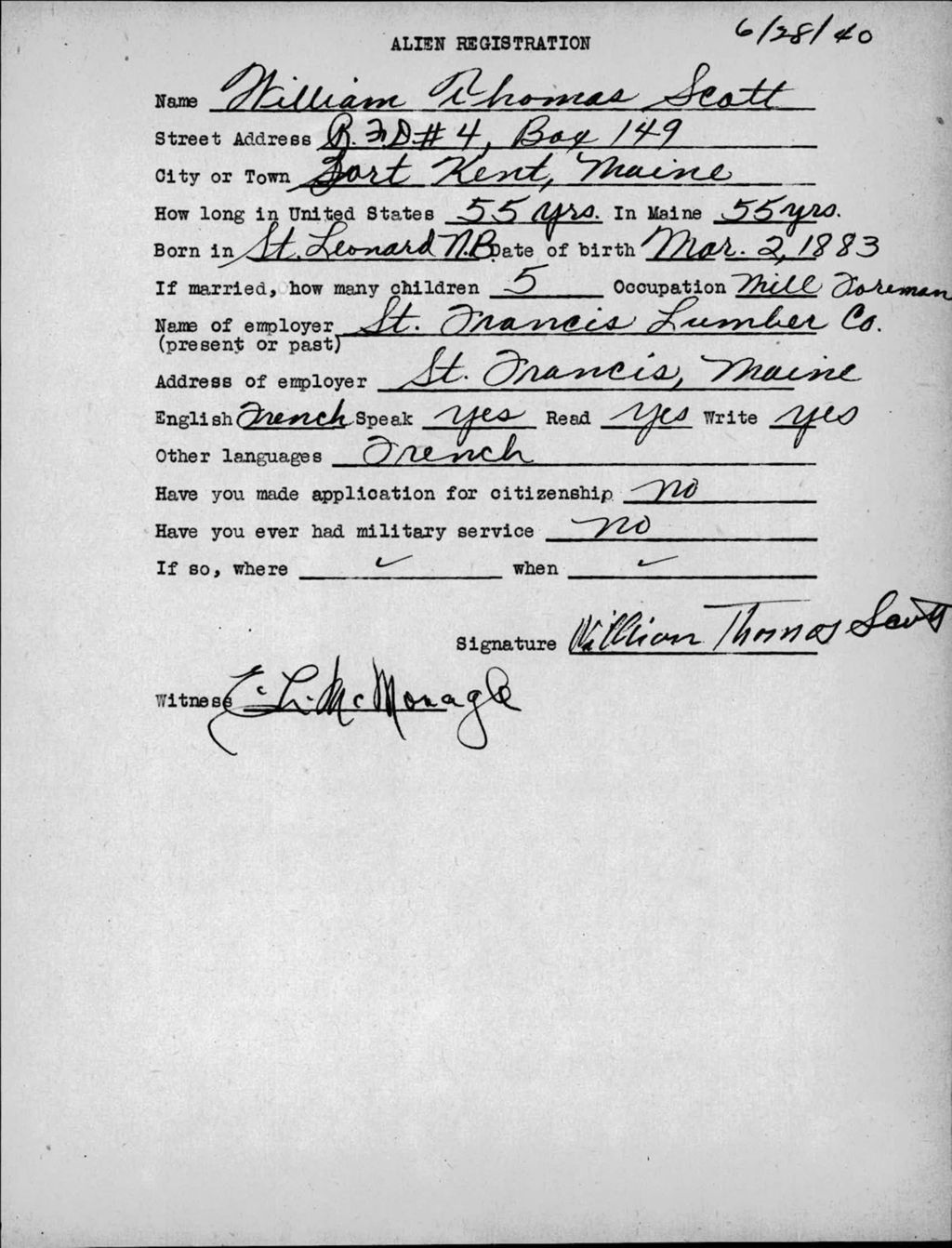 Miniature of Alien Registration- Scott, William T. (Saint Francis, Aroostook County)
