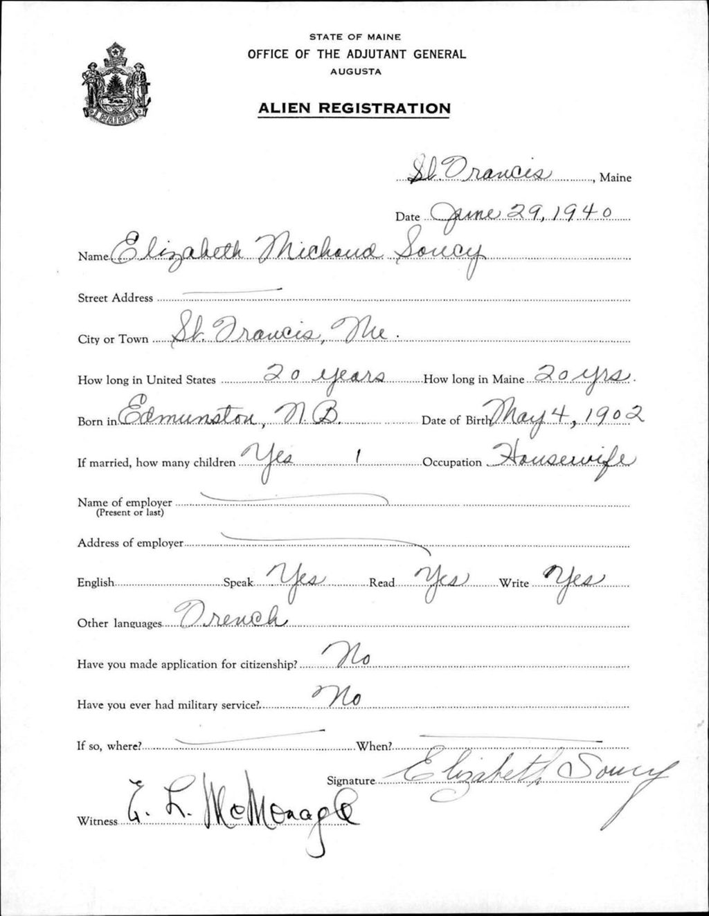 Miniature of Alien Registration- Michaud, Elizabeth (Saint Francis, Aroostook County)