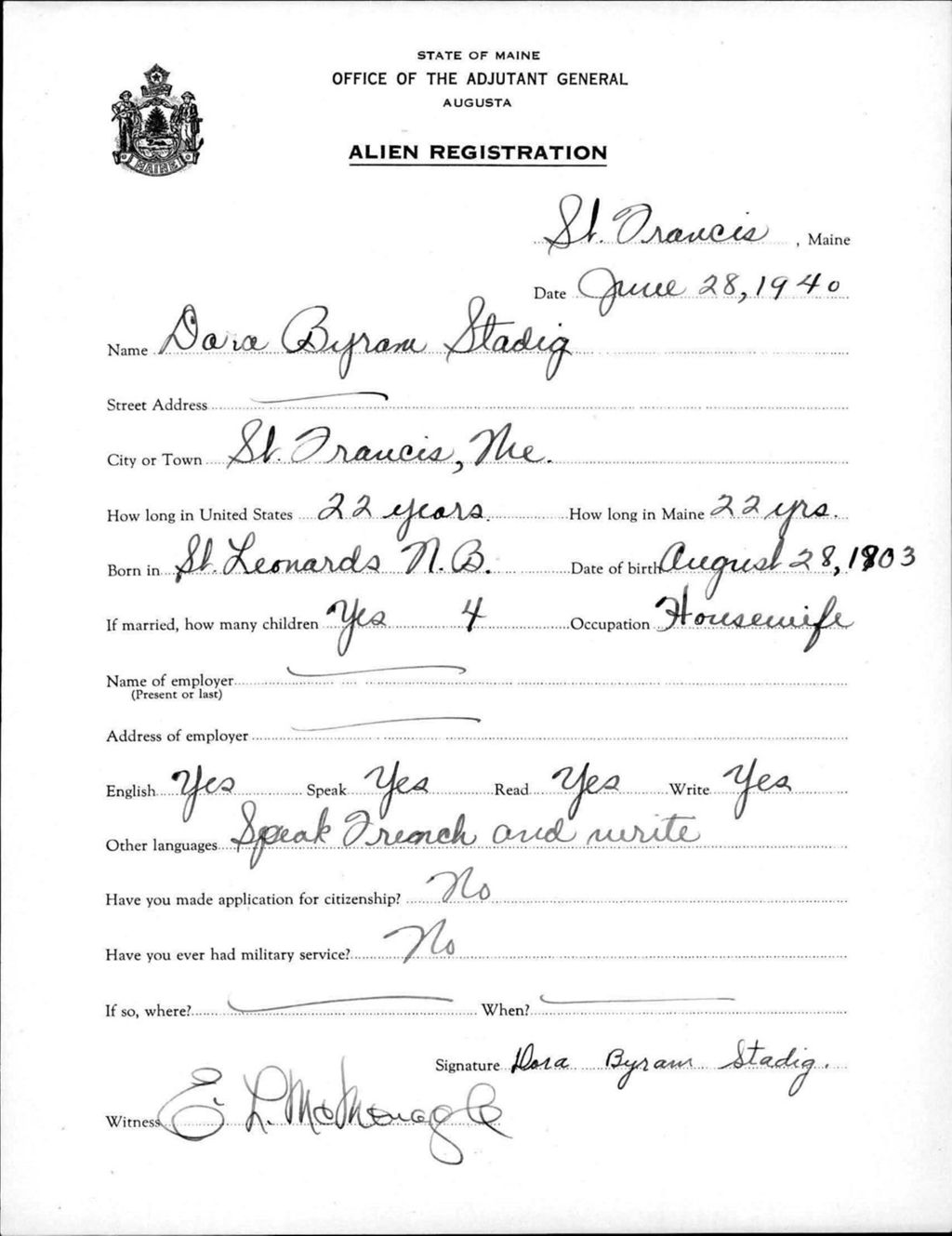 Miniature of Alien Registration- Byram, Dora (Saint Francis, Aroostook County)
