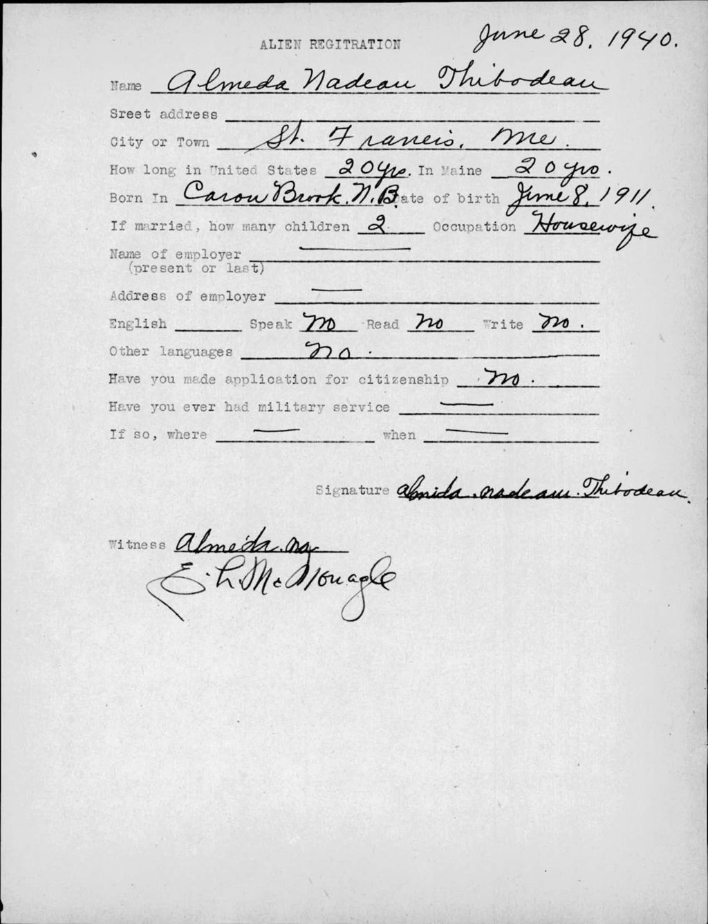 Miniature of Alien Registration- Nadeau, Almeda (Saint Francis, Aroostook County)