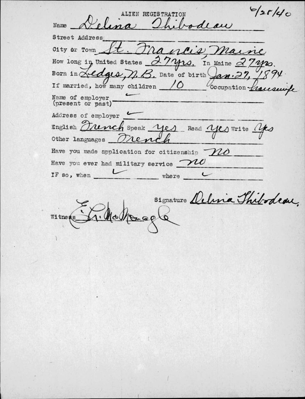 Miniature of Alien Registration- Thibodeau, Delina (Saint Francis, Aroostook County)