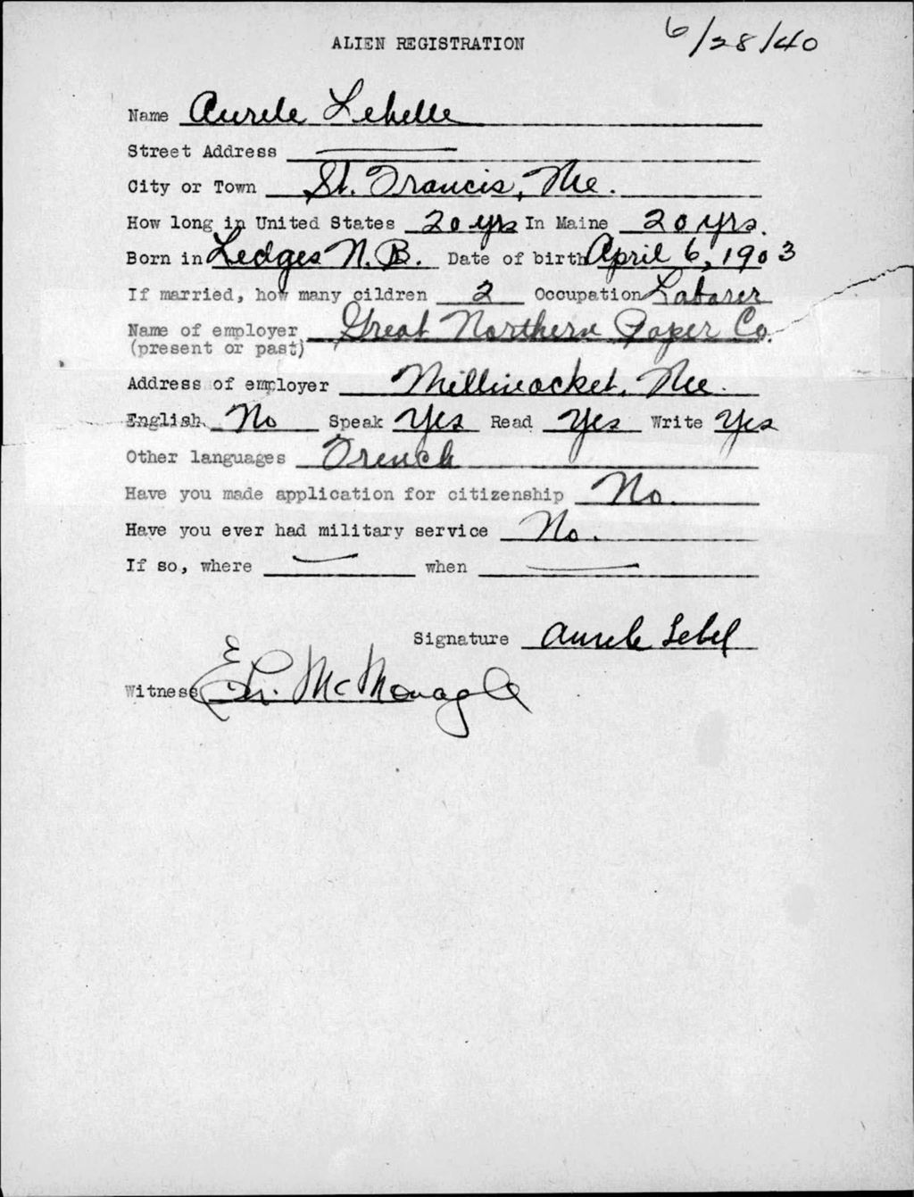 Miniature of Alien Registration- Lebelle, Aurele (Saint John Plantation, Aroostook County)