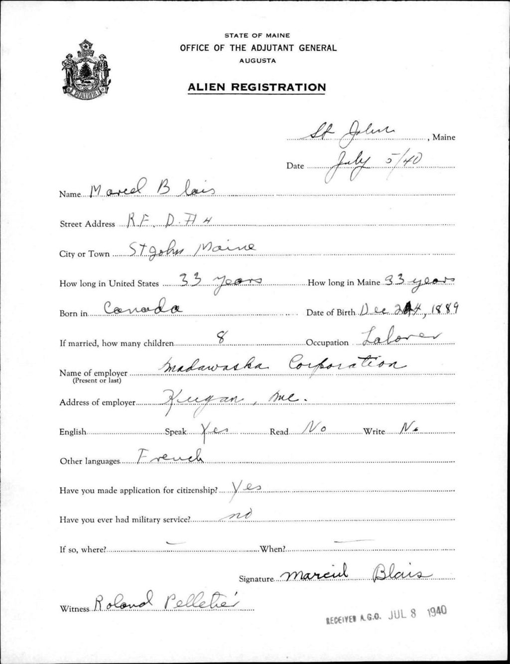 Miniature of Alien Registration- Blais, Marcel (Saint John Plantation, Aroostook County)