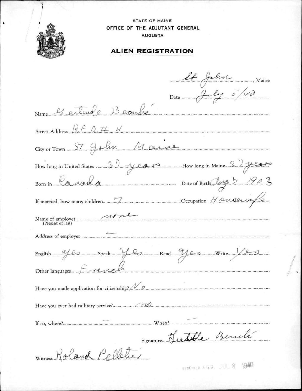Miniature of Alien Registration- Berube, Gertrude (Saint John Plantation, Aroostook County)
