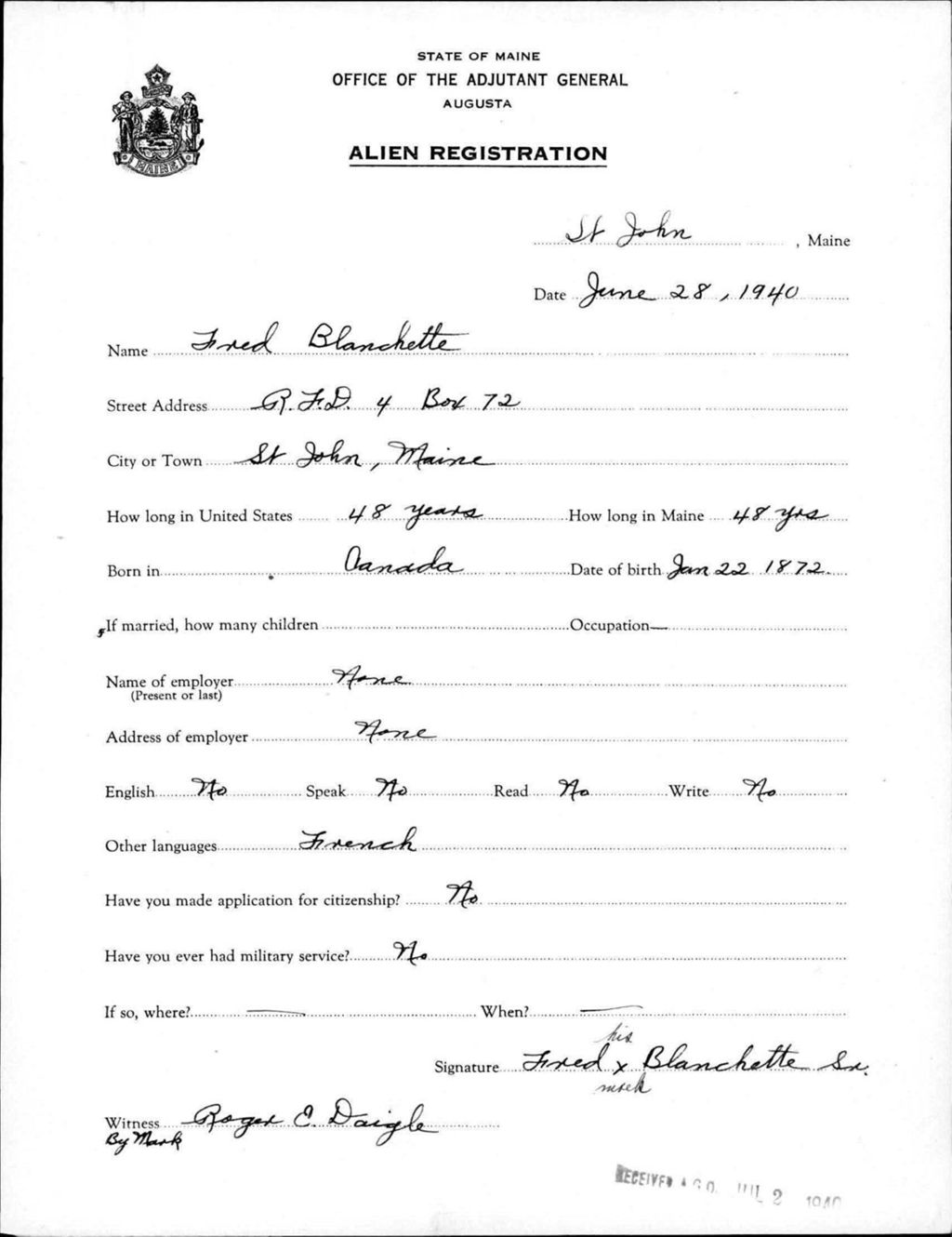 Miniature of Alien Registration- Blanchette, Fred (Saint John Plantation, Aroostook County)