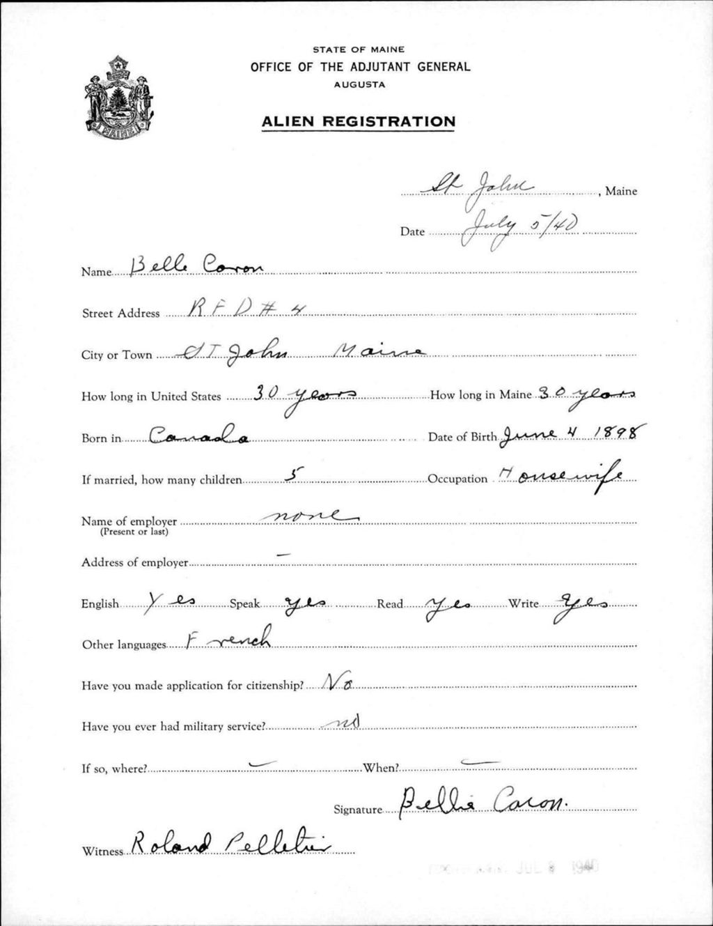 Miniature of Alien Registration- Caron, Belle (Saint John Plantation, Aroostook County)