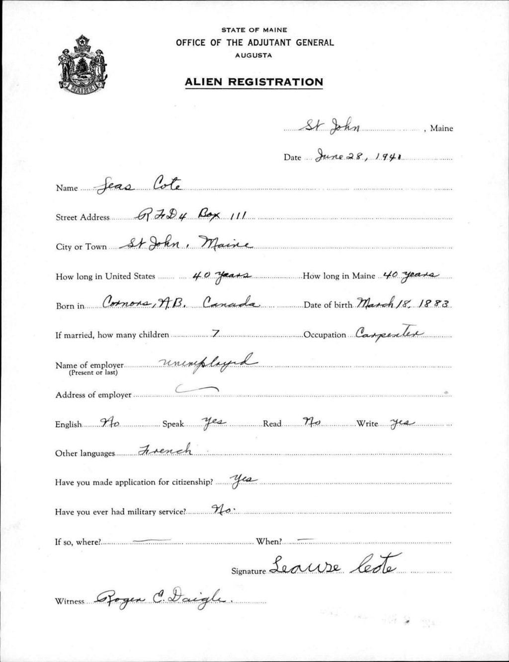 Miniature of Alien Registration- Cote, Leas (Saint John Plantation, Aroostook County)