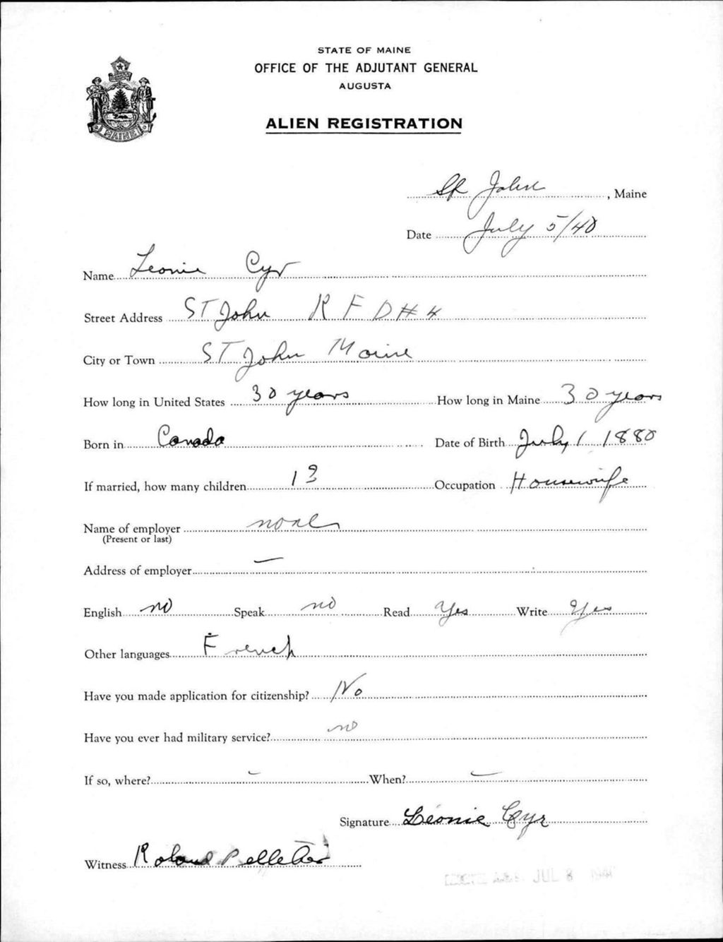 Miniature of Alien Registration- Cyr, Leonie (Saint John Plantation, Aroostook County)