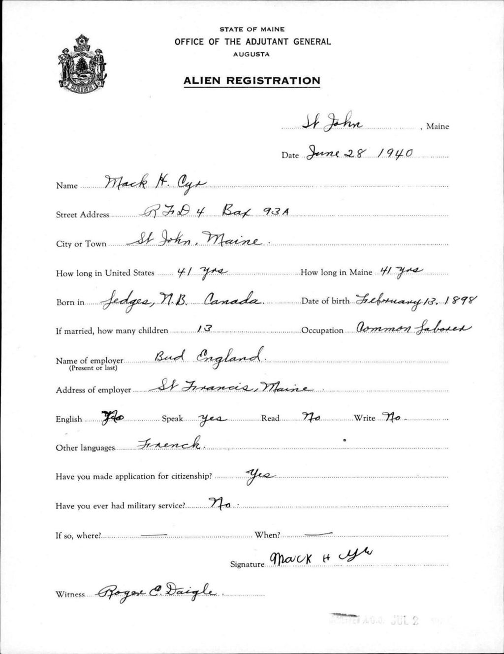 Miniature of Alien Registration- Cyr, Mack H. (Saint John Plantation, Aroostook County)