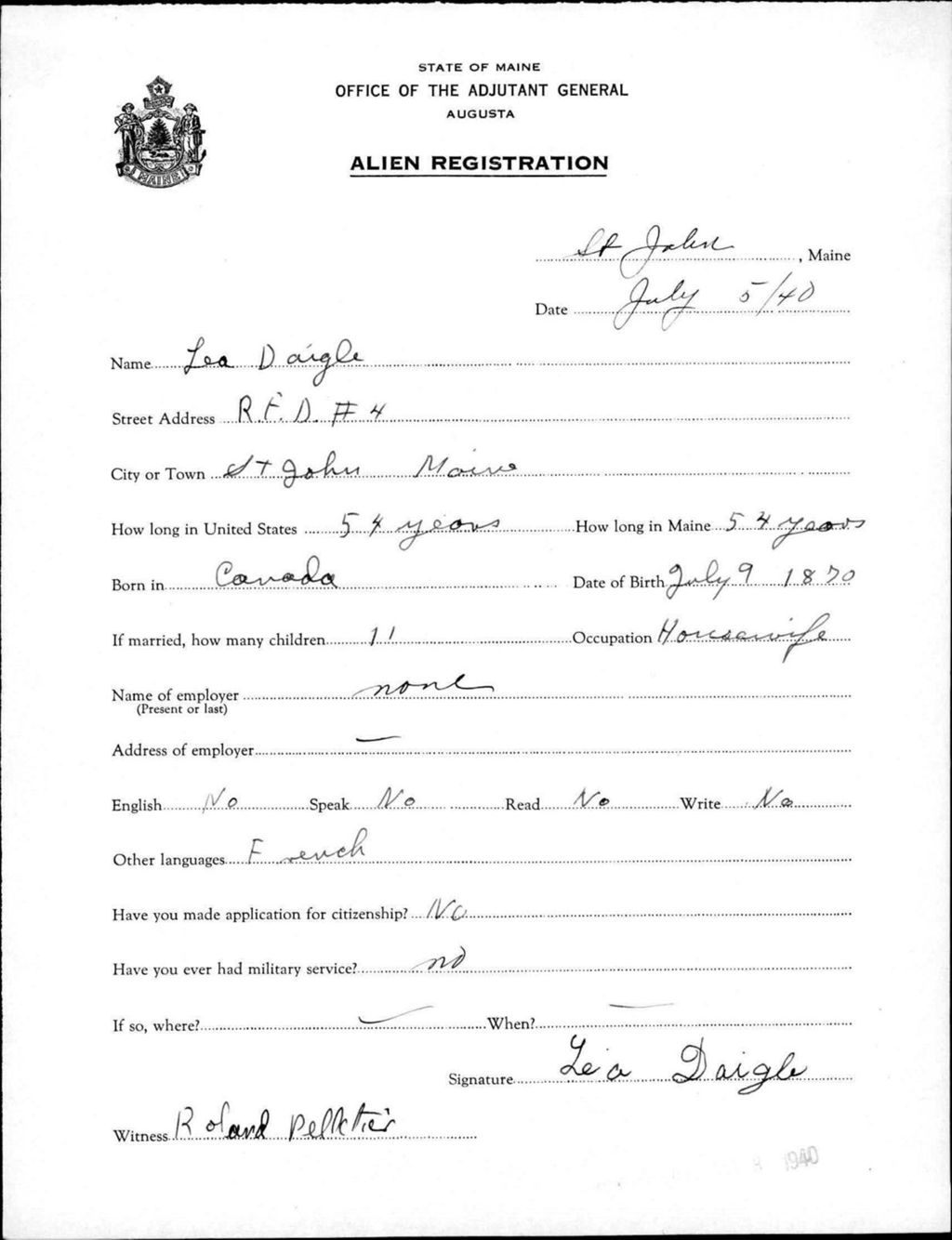 Miniature of Alien Registration- Daigle, Lea (Saint John Plantation, Aroostook County)