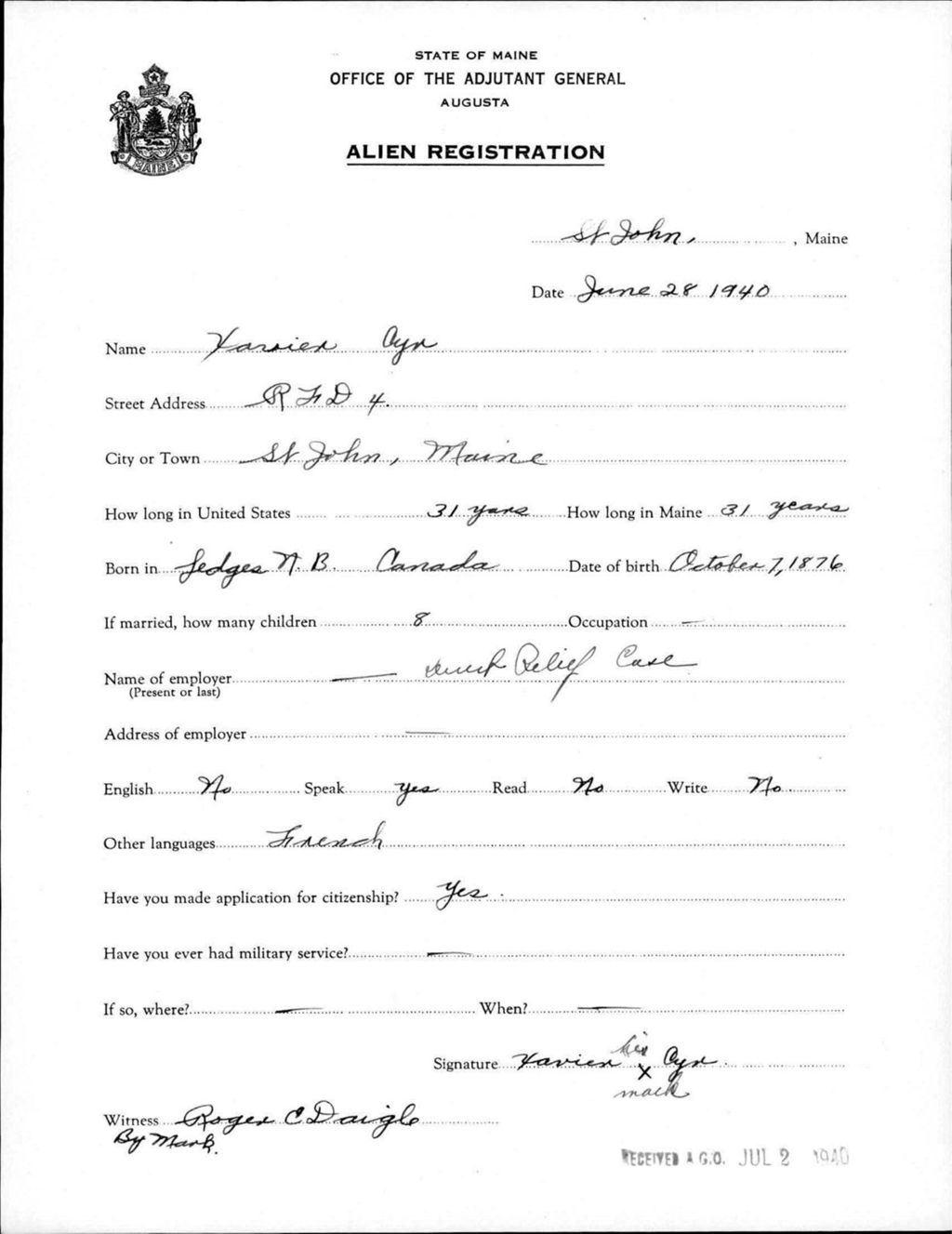 Miniature of Alien Registration- Cyr, Xavier (Saint John Plantation, Aroostook County)