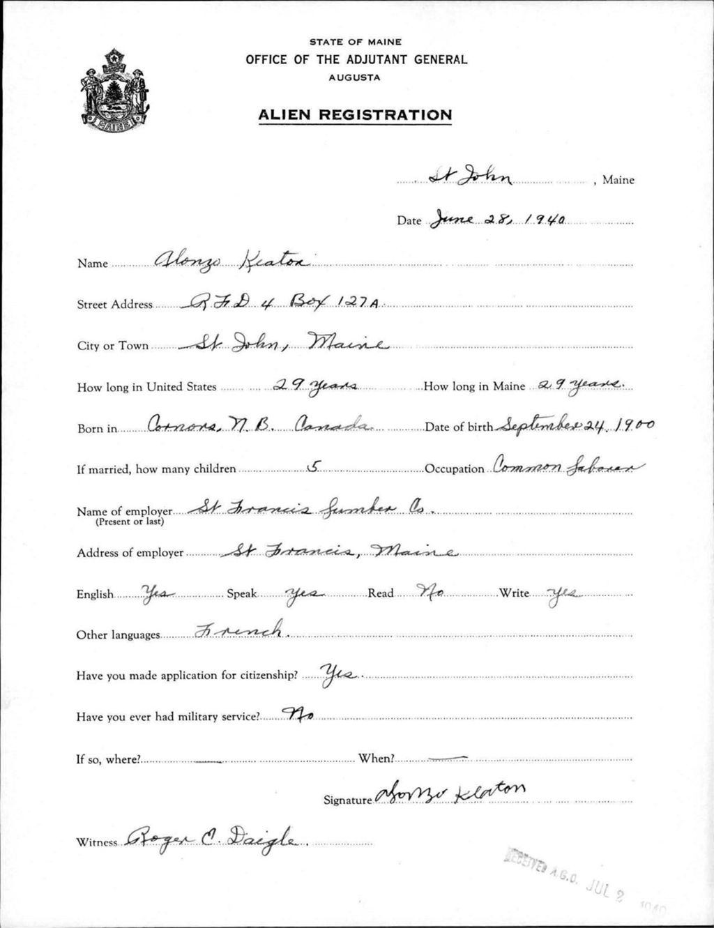 Miniature of Alien Registration- Keaton, Alonzo (Saint John Plantation, Aroostook County)