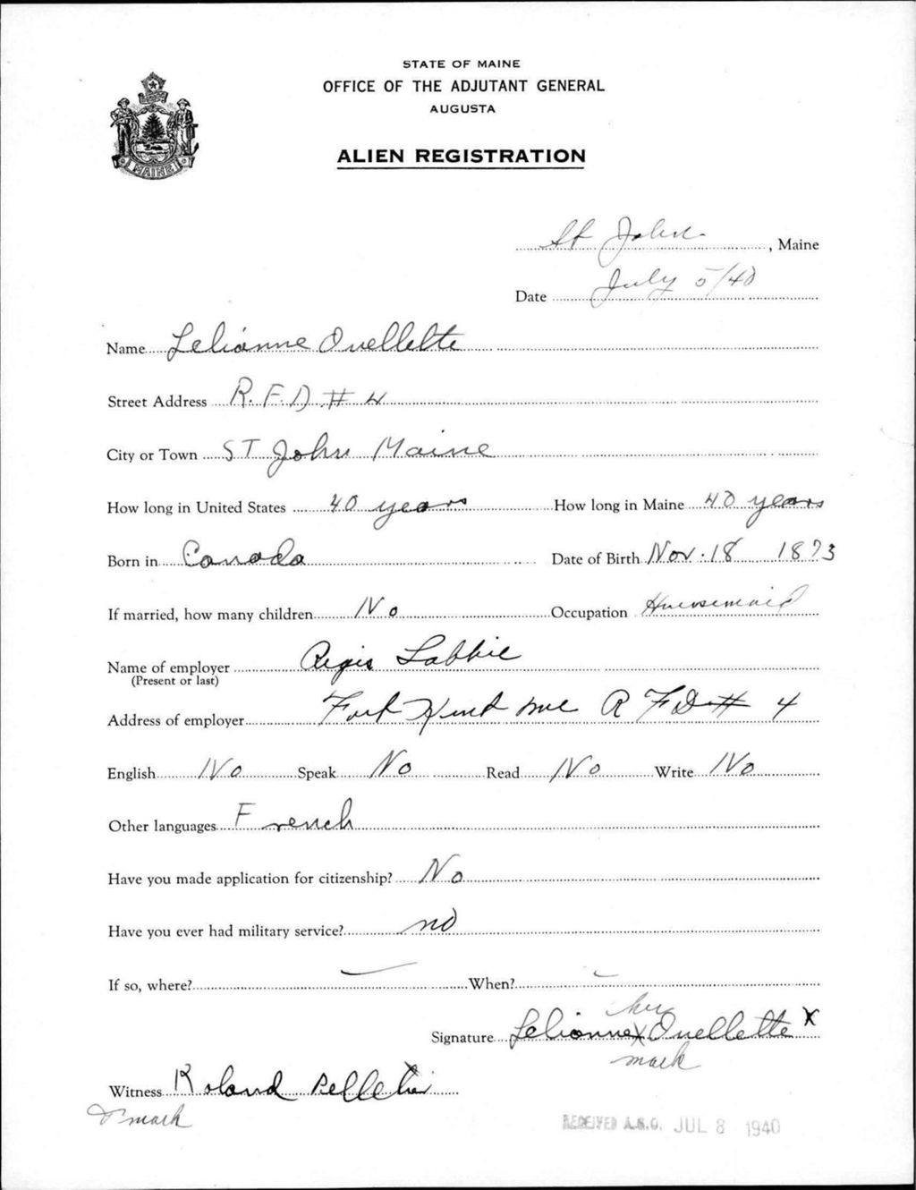 Miniature of Alien Registration- Ouellette, Lelianne (Saint John Plantation, Aroostook County)