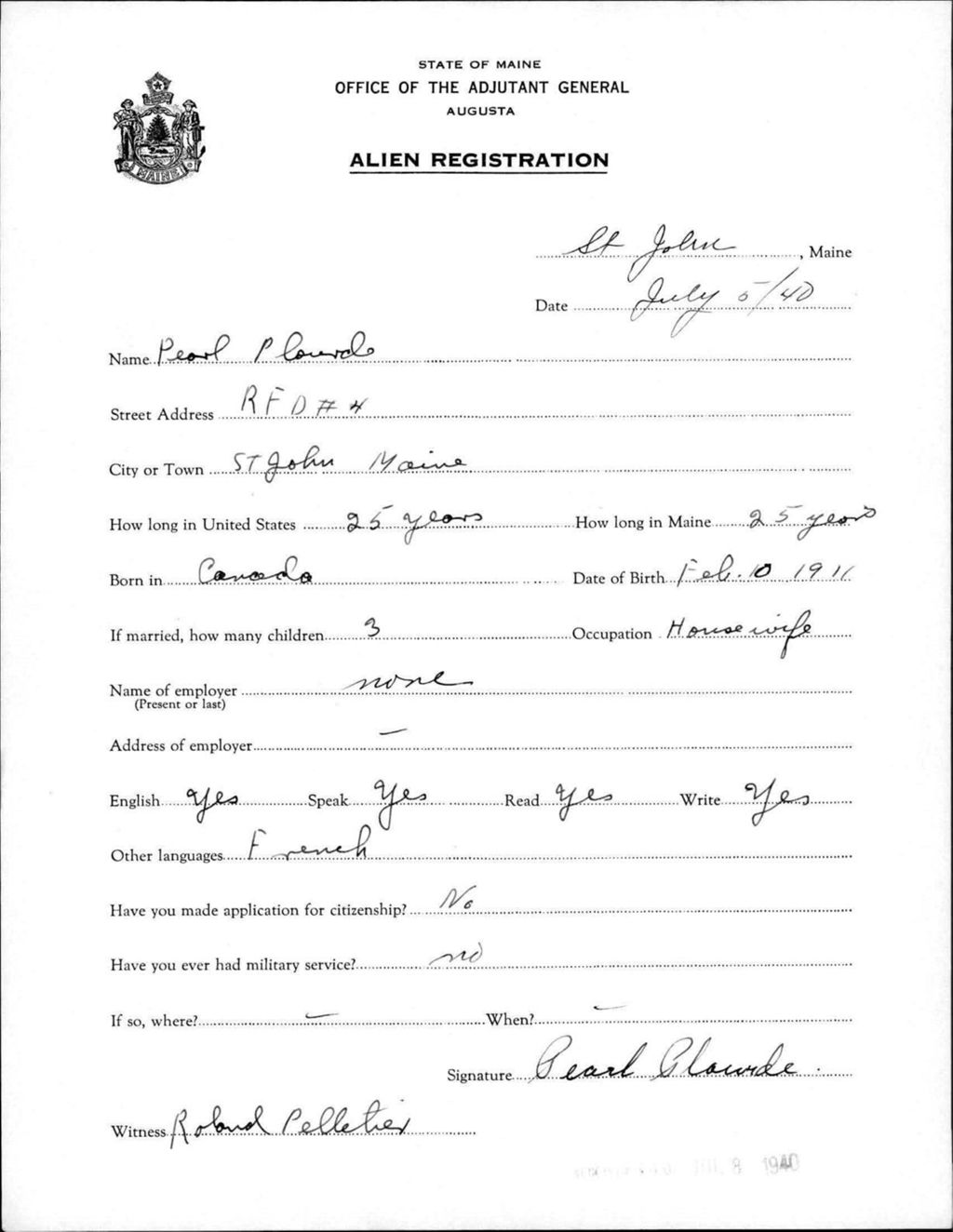 Miniature of Alien Registration- Plourde, Pearl (Saint John Plantation, Aroostook County)