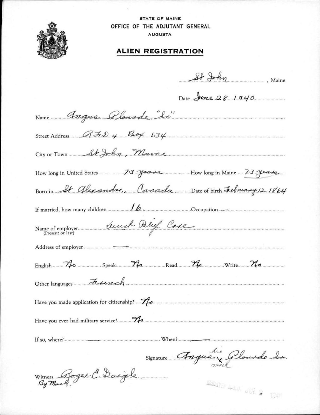 Miniature of Alien Registration- Plourde, Angus, Sr. (Saint John Plantation, Aroostook County)