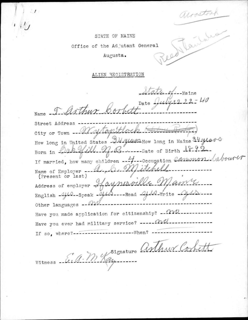 Miniature of Alien Registration- Corbett, Arthur (Reed Plantation, Aroostook County)