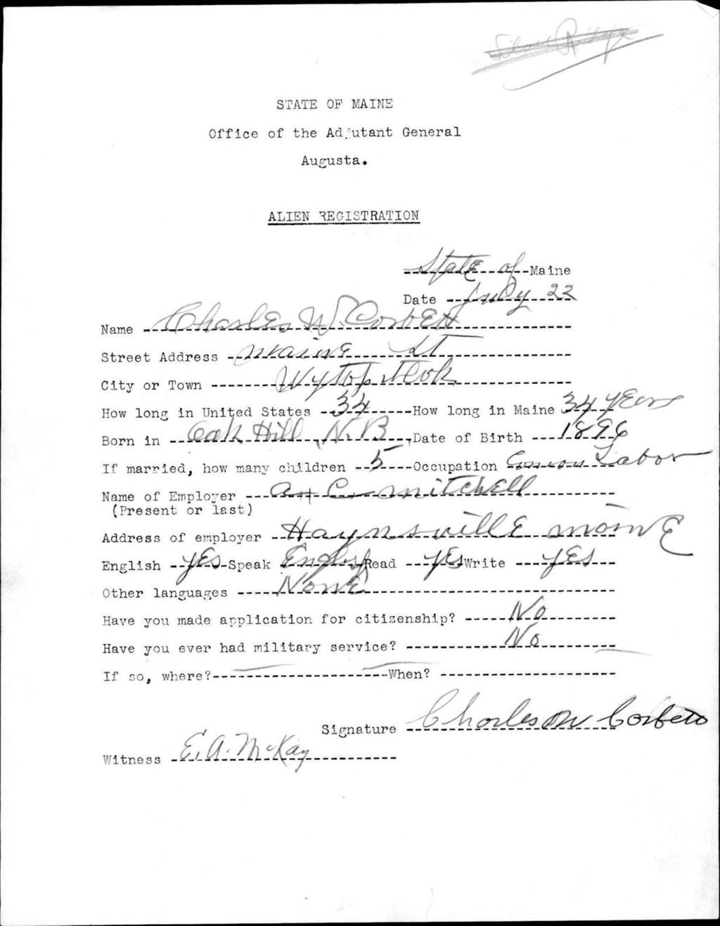 Miniature of Alien Registration- Corbett, Charles W. (Reed Plantation, Aroostook County)