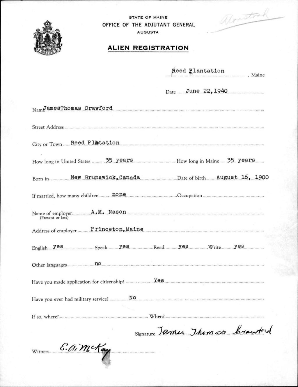 Miniature of Alien Registration- Crawford, James T. (Reed Plantation, Aroostook County)