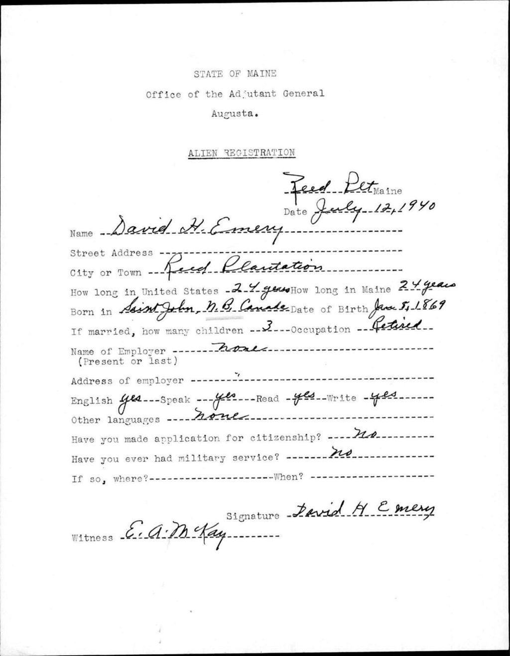 Miniature of Alien Registration- Emery, David H. (Reed Plantation, Aroostook County)