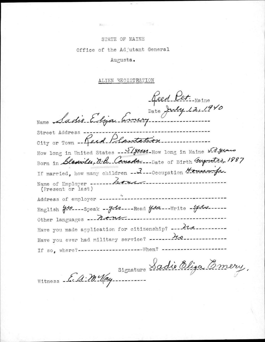 Miniature of Alien Registration- Emery, Sadie E. (Reed Plantation, Aroostook County)