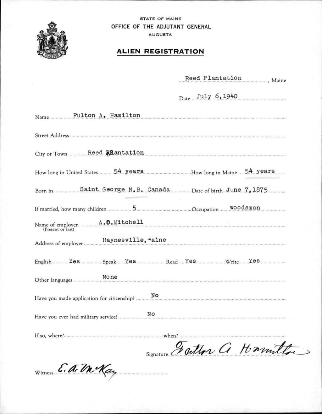 Miniature of Alien Registration- Hamilton, Fulton A. (Reed Plantation, Aroostook County)